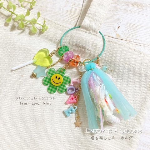 ♡名入れ可能♡ビタミンカラーのじゃらじゃらキーホルダー カラフル 個性派アクセサリー タッセル バッグチャーム 推し活 推し色 グリーン 緑色 緑推し おなまえ 名前colorful keychain