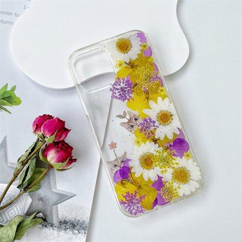 紫陽花と菊、押し花スマホケース、全機種対応、手帳型、四隅にショルダーホール、スマホリング、iPhone14、iPhone14plus、iPhone14Pro、GooglePixel 5