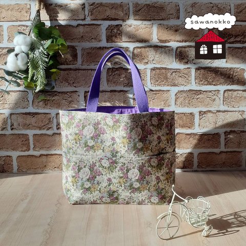 紫 ミニトート バラ柄 ローズ 花柄 ミニバッグ ポケットいっぱい 綿麻 rose pattern  floral pattern  mini tote bag