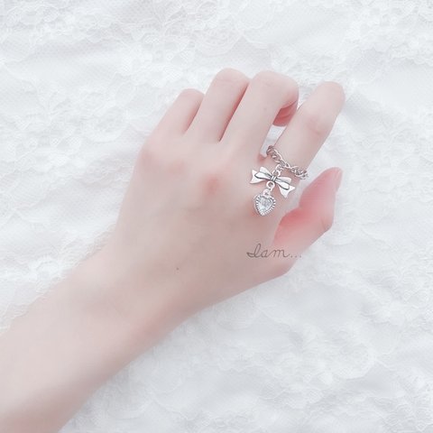 1/23新作＊ ribbon&zirconia heart chain ring