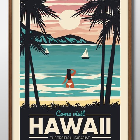6570■A3アートポスター『Hawaii　ハワイ　ビーチ　ワイキキ　ヤシの木　フラダンス　海　夏』絵画/イラスト/デザイン/上級マット紙採用