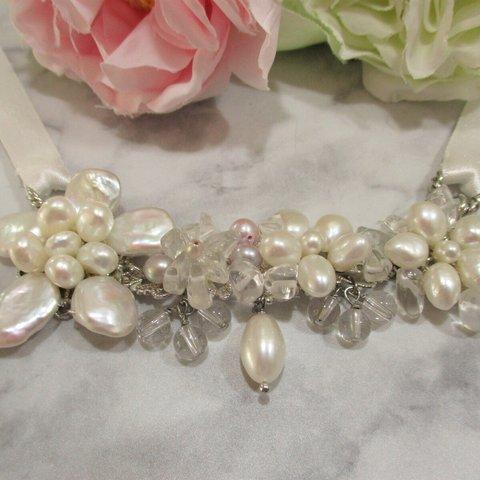 淡水パール＊天然石 ブライダルパーティ ネックレス genuine pearl