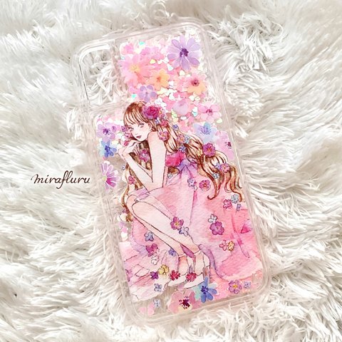 《受注生産》グリッターiPhoneケース『Pinky Flowers-ピンキーフラワーズ』