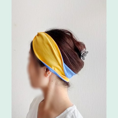 濃いめイエロー&空色 シルケット加工 コットン ヘアバンド / ターバン