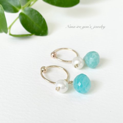 《2way》14kgf amazonite × pearl hooppierce