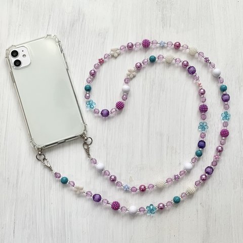 パープル　ブルー　ビーズ　お花　ボール　スマホショルダー　スマホストラップ