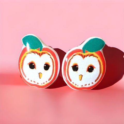 An owl wearing an apple リンゴを被ったフクロウのピアス&イヤリング　鳥　ふくろう　Owl