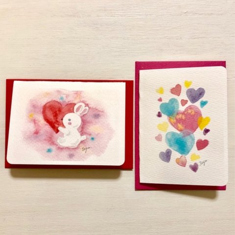 ❤️ 2枚セット「恋するうさぎ、ハートがいっぱい」水彩画イラストミニカード  バレンタインカード　ウサギ❤️