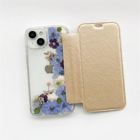 『千鳥草＆猫柄』  押し花 選べる5色 手帳型スマホケース iPhoneケース iPhone14Pro/13Pro/12Pro/SE/11Pro/XR/XS/8/7