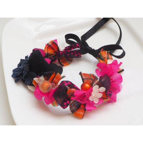 【再販】ペット用アクセサリー　pink＊black＊orangeの花かんむり