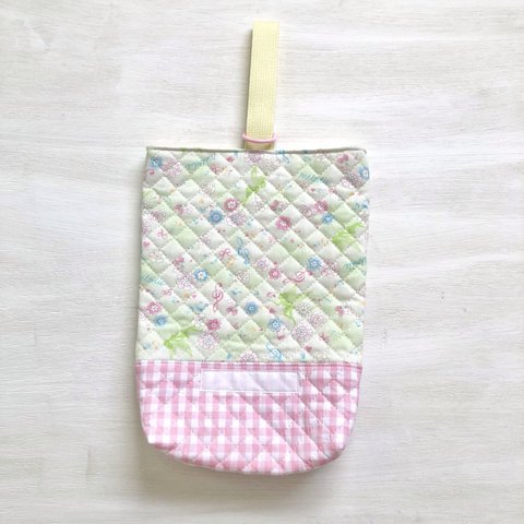 上靴入れ☆27×23マチ6cm ☆【ティンカーベルシルエット柄】 ★US.  上履き袋 上靴袋   妖精　花　女の子　かわいい　キルティング 裏地付き ｜Hoshizora☆ほしぞら