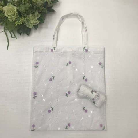 薄紫 フラワー&フラワーのコットン刺繍 トートバッグ