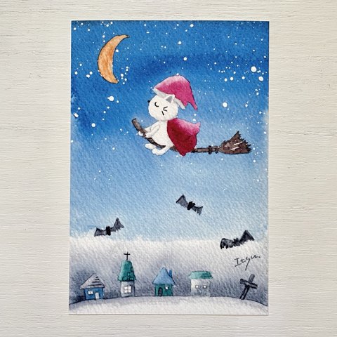 🎃透明水彩画「夜のハロウィン」北欧イラストポストカード２枚セット 秋 月　三日月　星　夜空　ハロウィンカード　ハロウィン　猫　ネコ　ねこ🎃