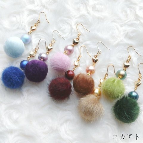 ふわふわファー×パールのイヤリングorピアス