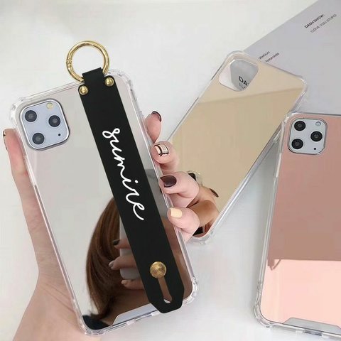 スマホケース スマホカバー iPhoneケース バンド【ミラーケース×シリコンベルトに名入れ印刷】名前 落下防止 iPhone12 iPhone11 iPhoneX  iPhone8  iPhone7