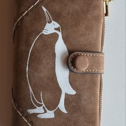 ペンギン財布、ブラウン、手帳型財布、収納力抜群のお財布、オリジナルデザイン