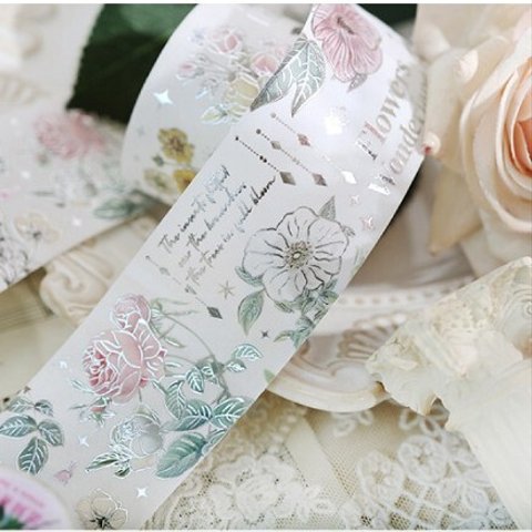 キラキラシルバーライン　美しいお花♡マスキングテープ 　和紙