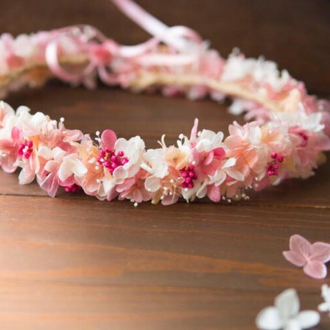 ピンクオレンジ紫陽花の細み花冠 オーダー受付