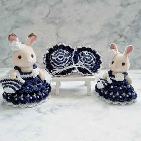 (ネイビー)シルバニア服 ウサギ女の子&お母さん お揃いドレス・耳飾り・バッグ セット