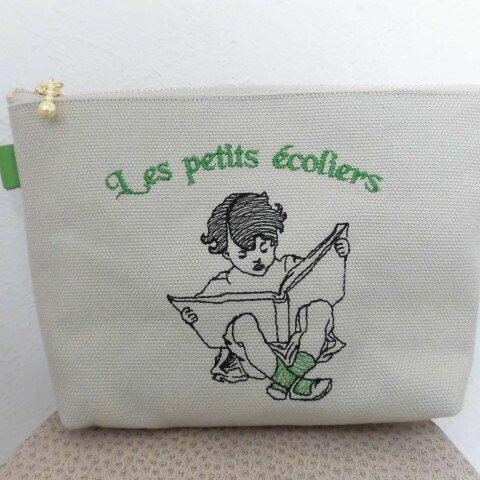 本を読むフランスの男の子刺繍の帆布のポーチグリーン