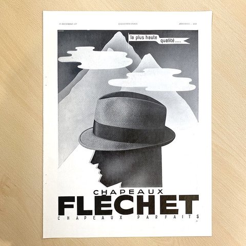 ヴィンテージ広告2P モノクロ　帽子FRECHET・万年筆（1937年12月仏） 15PSa15-6