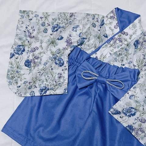 ベビー袴　ハンドメイド　ベビー着物　ブルー系花柄　青色　60 70 80サイズ