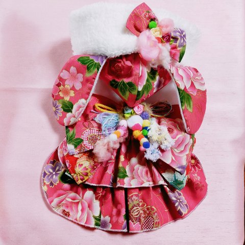 犬服オーダー👘ピンク薔薇桜和柄 兎さん晴れ着ワンピース