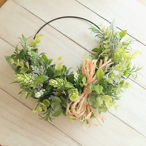 【母の日割】母の日💐ユーカリとホップのアイアンリース(約29cm)母の日　ミモザ　玄関リース　結婚祝い　出産祝い　新築祝い　誕生日