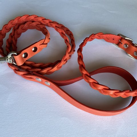 本革三つ編み首輪セット（中型犬用）濃いオレンジ