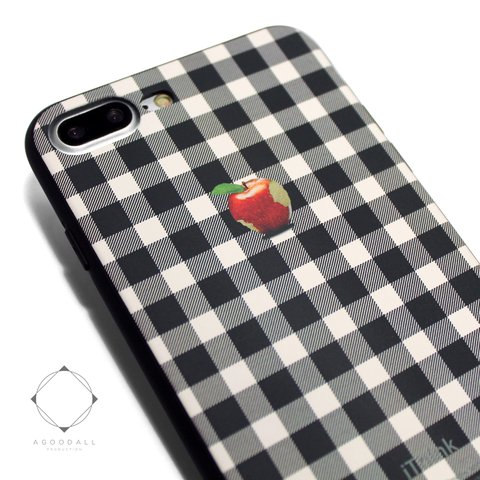 iphone7plusケース/iphone8plusケース（5.5インチ用）軽量レザーケースiphone7plusカバー（ホワイト×ブラック）アップル 赤リンゴ　シェパードチェック　耐衝撃
