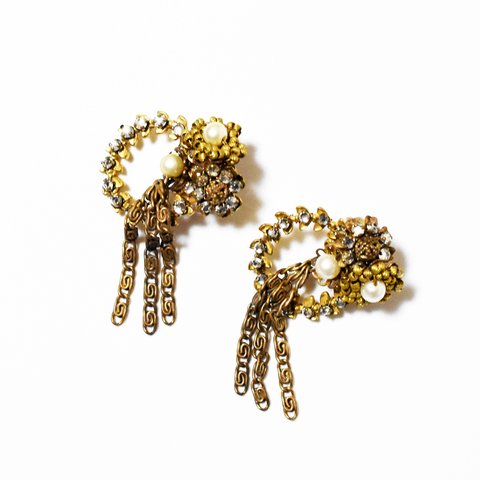  Vintage 1950’s　goldmetal rhinestone×pearl　fringe　earrings