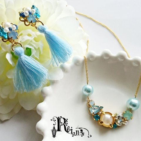 ﾌﾟﾗｲｽﾀﾞｳﾝ☆彡milky　jewelry(ブルー)/ネックレス＆ピアス(イヤリング変更可能)*大人かわいい一点ものアクセサリーセット