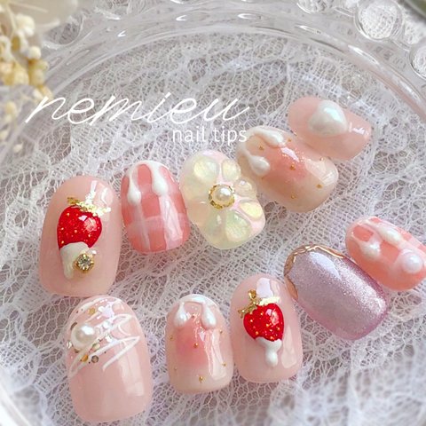 #37 ネイルチップ バレンタイン♡ いちごホワイトチョコネイル チョコネイル いちごネイル マグネットネイル フラワーネイル チェックネイル 韓国ネイル ピンクネイル お花ネイル