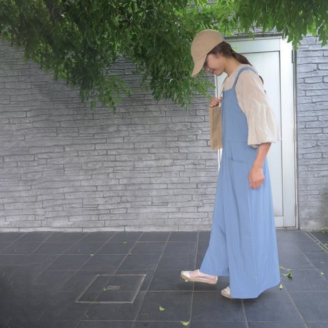 03_サロペットdress　「スモークブルー」｜【前開きのデザイン】【着丈が選べる】