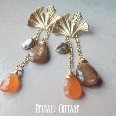 Ginkgo Leaf Swing Earrings イチョウとサンストーン☆天然石スゥイングピアス