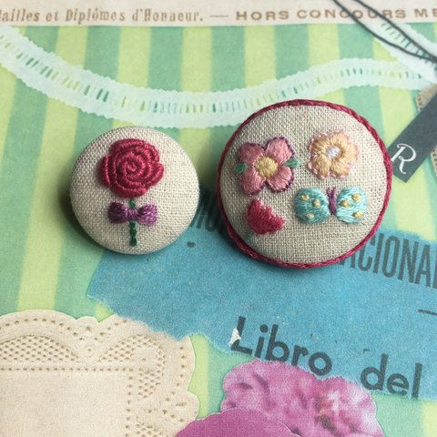 「Flower set 」フラワーセット　(花、チューリップ、薔薇、蝶、リボン)くるみボタン・刺繍ブローチ♡(コットンリネン)