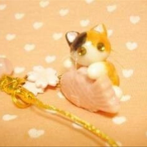 にゃんこのしっぽ○たいやきストラップ○桜○三毛猫○和菓子