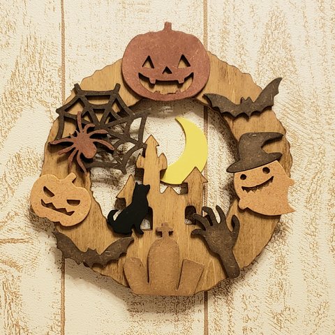 受注制作★木製リース☆柴犬がいるハロウィンリース☆Halloween☆ジャックランタン☆犬種・動物の変更可能！