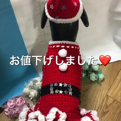 犬♡猫 サンタクロース クリスマス 手編みニットワンピース