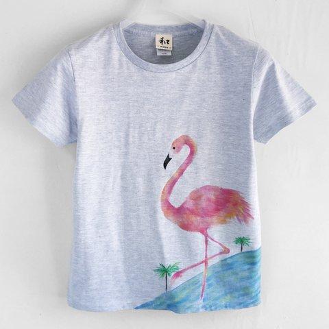 フラミンゴ柄Tシャツ、トロピカルな南国フラミンゴの手描きTシャツ。