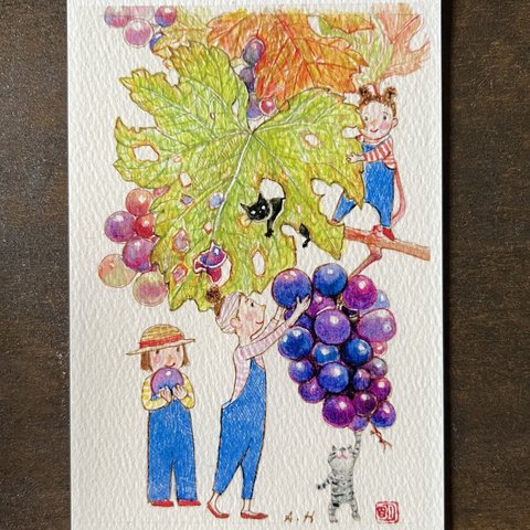 ポストカードサイズの小さなアート作品  『アスパラ娘収穫祭【葡萄の彩①】』