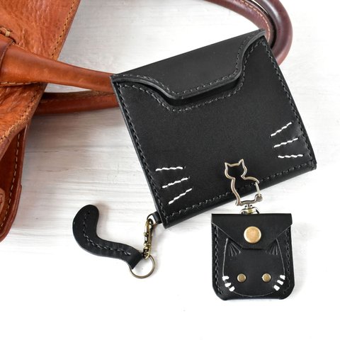 【受注制作】黒猫【革にゃんこ】カードが入る小さな革財布&ちびネコインケース付 名入れ可
