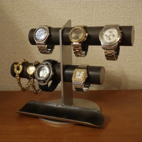 誕生日プレゼント　ブラック6本掛け腕時計スタンド ロングトレイタイプ　ak-design