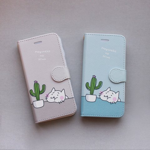 iPhone サボテンと猫 手帳型スマホケース