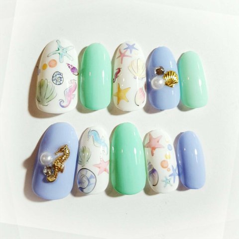 Pastel Mix Shellネイル Aqua×Mint