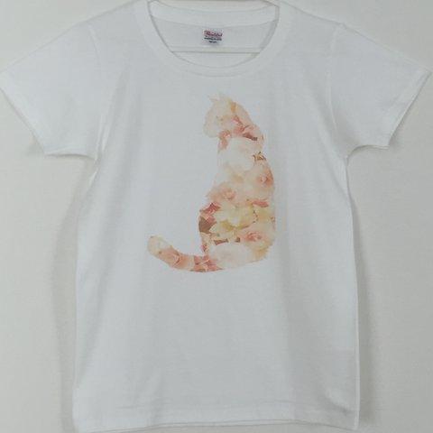 猫と綺麗なお花Ｔシャツ　アンチック風　受注制作