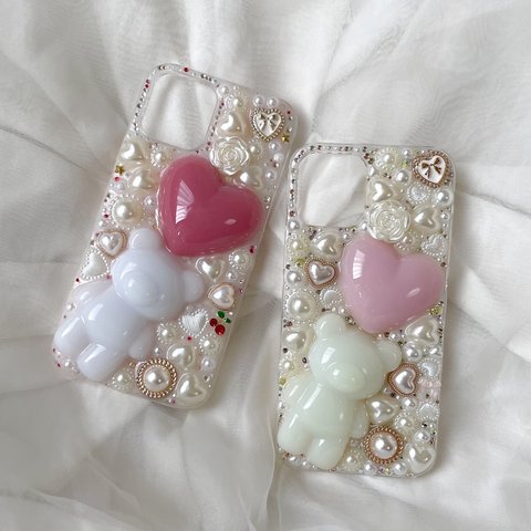 ♡くまちゃんハートのキラキラスマホケース♡iPhoneケース/デコ電/キラキラ/くま/ハート/レジン/ピンク/赤/白