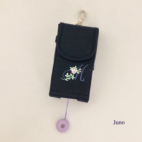 キッズ携帯ケース 紺　イニシャル＆お花刺繍　M様