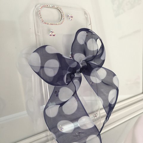  縁結び♡iPhone7ケース・iPhone8ケース スワロフスキーと水玉オーガンジーリボン