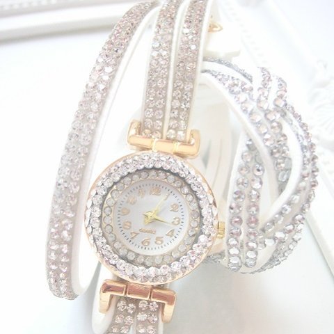 leather bracelet jewel watch ・white